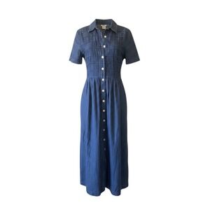 Vintage Womens Indigo Denim Smocked Button Down Midi Dress Blue Size 8